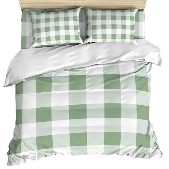 Sage Green Checkered Duvet Cover Set, Green White Buffalo Plaid Soft Duvet Cover California King Bedding Set 4 Pieces, 1 Quiltcover and 2 Pillowcases with Zipper, 1 Bed Sheet for All Seasons