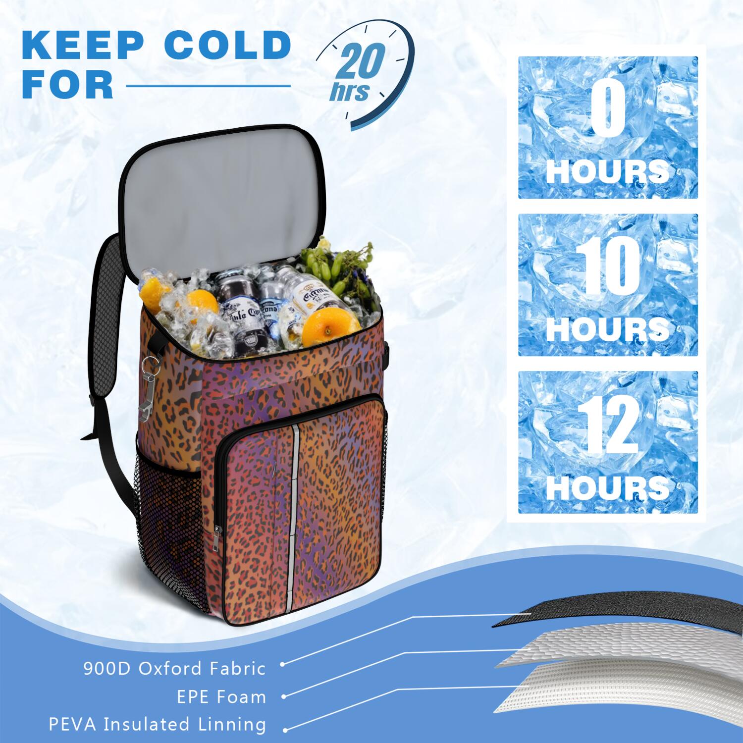 Travel Cooler Bag - Orange and Purple Of Leopard Print Camping Beer Cooler Backpack with Bottle Opener- Waterproof Insulated Picnic Backpacks - Cooler Bag for Beach