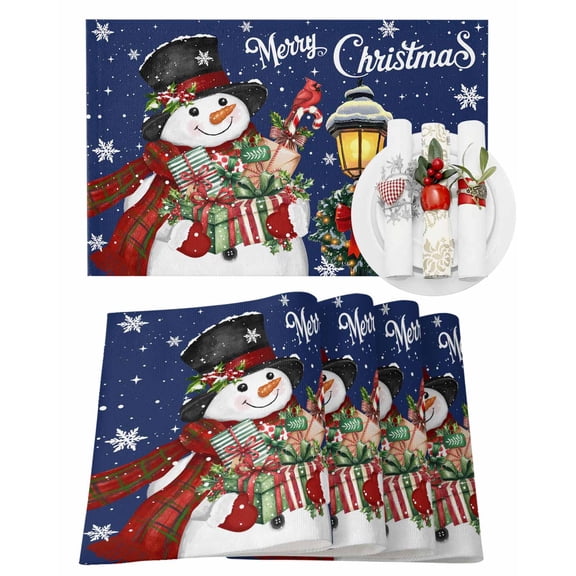 Christmas Placemats Set of 6, Navy Blue Snowman Place Mats Snowflake Cardinal Bird Light Wreath Placemat Table Decoration for Kitchen Table Dinner Xmas Holiday Party Decor Indoor Outdoor 13x19 Inch