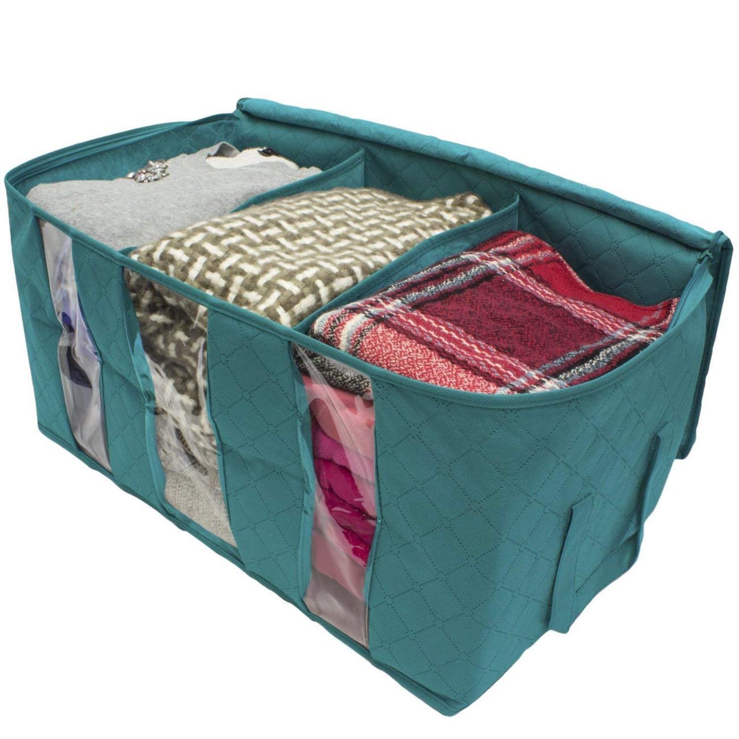 Sorbus Foldable Storage Bag Organizers, 3-Section Clothes & Blanket Storage Bins, Aqua, 2-Pack