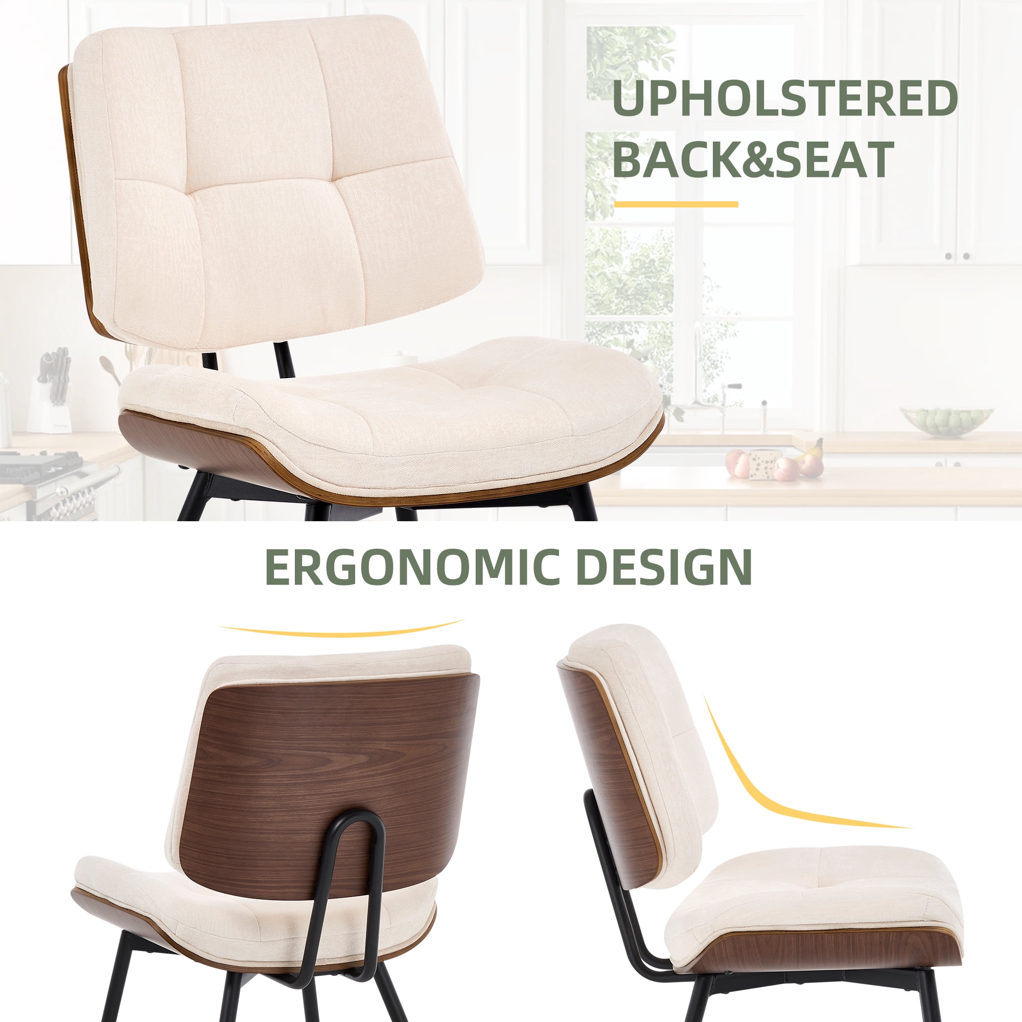 Dining Chairs Set of 4, Mid-Century Modern Kitchen & Dining Chairs, Fabric Upholstered Accent Chairs with Metal Legs, Walnut Style Armless Side Chairs for Guest Reception Waiting Room, Beige