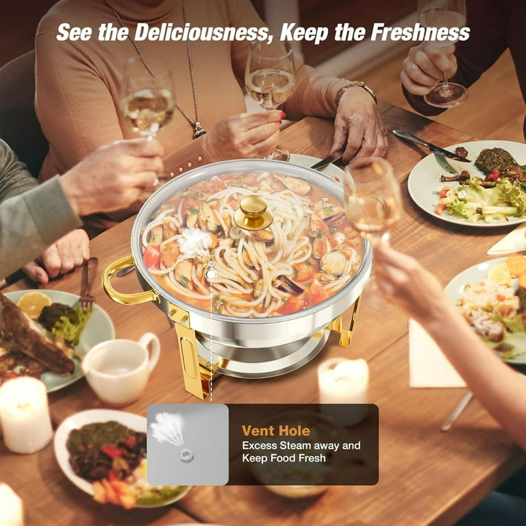 Chafing Dish Buffet Set Of 4 Pack, 5 QT Silver/Gold Round Catering Warmer Set With Food And Water Trays, Stainless Steel Chafing Dishes With Glass Lid & Holder For Event Party Holiday