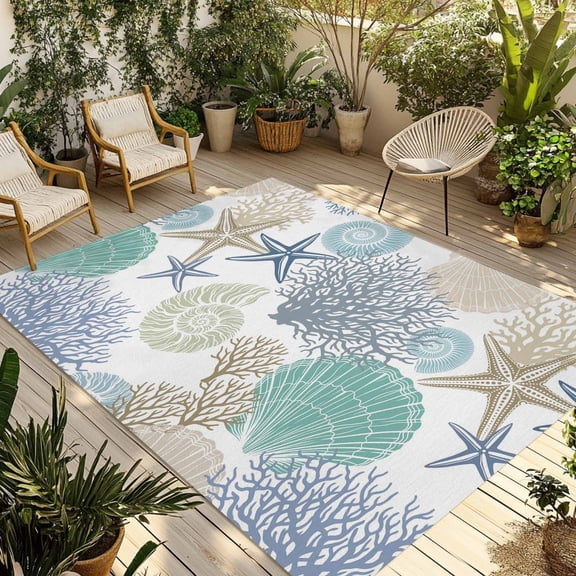 Marine Life Outdoor Rug for Patio/Deck/Porch, Non-Slip Large Area Rug 4 x 6 Ft, Summer Coastal Nautical Coral Conch Seashells Indoor Outdoor Rugs Washable Area Rugs, Camping Rug Carpet Runner