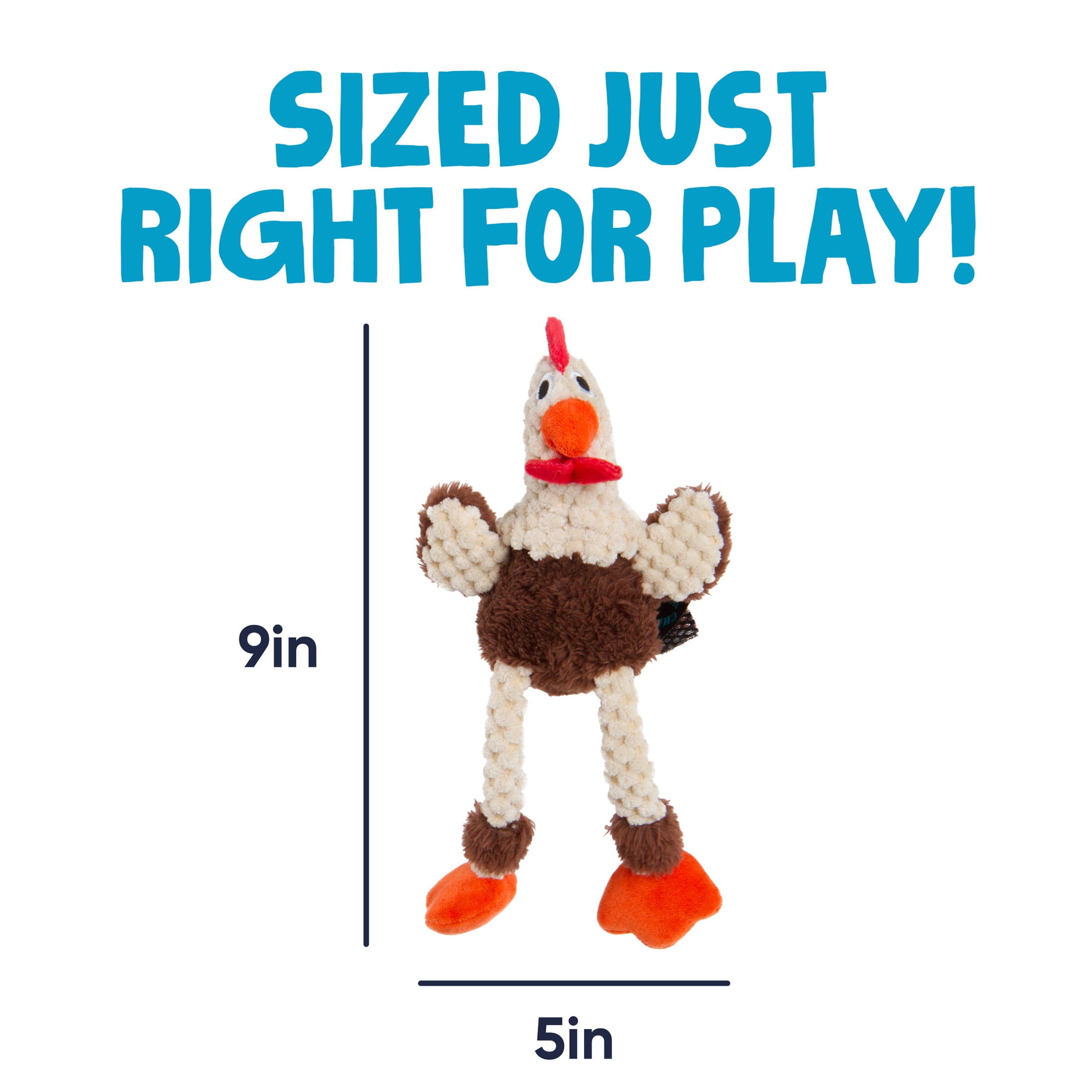 goDog Checkers Skinny Rooster Squeaky Plush Dog Toy with Chew Guard Technology, Durable Fabric & Squeaker for Active Play, Brown, Mini