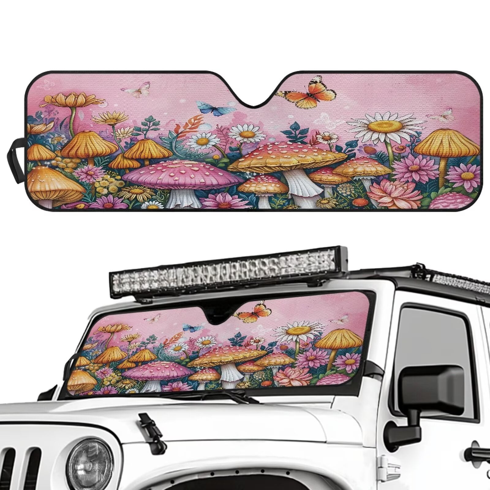 Uorisanigo Windshield Sunshade Sun Shade Heat Shield Folding Pink Mushroom Butterfly Sun Visor Mat Compatible with Jeep Wrangler TJ JK JKU 1996-2018 Interior Accessories for Jeep
