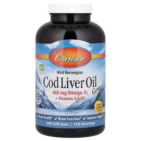 Carlson Cod Liver Oil Softgels, Wild Norwegian, Lightly Lemon, 460 Mg Omega-3s, 300 Ct