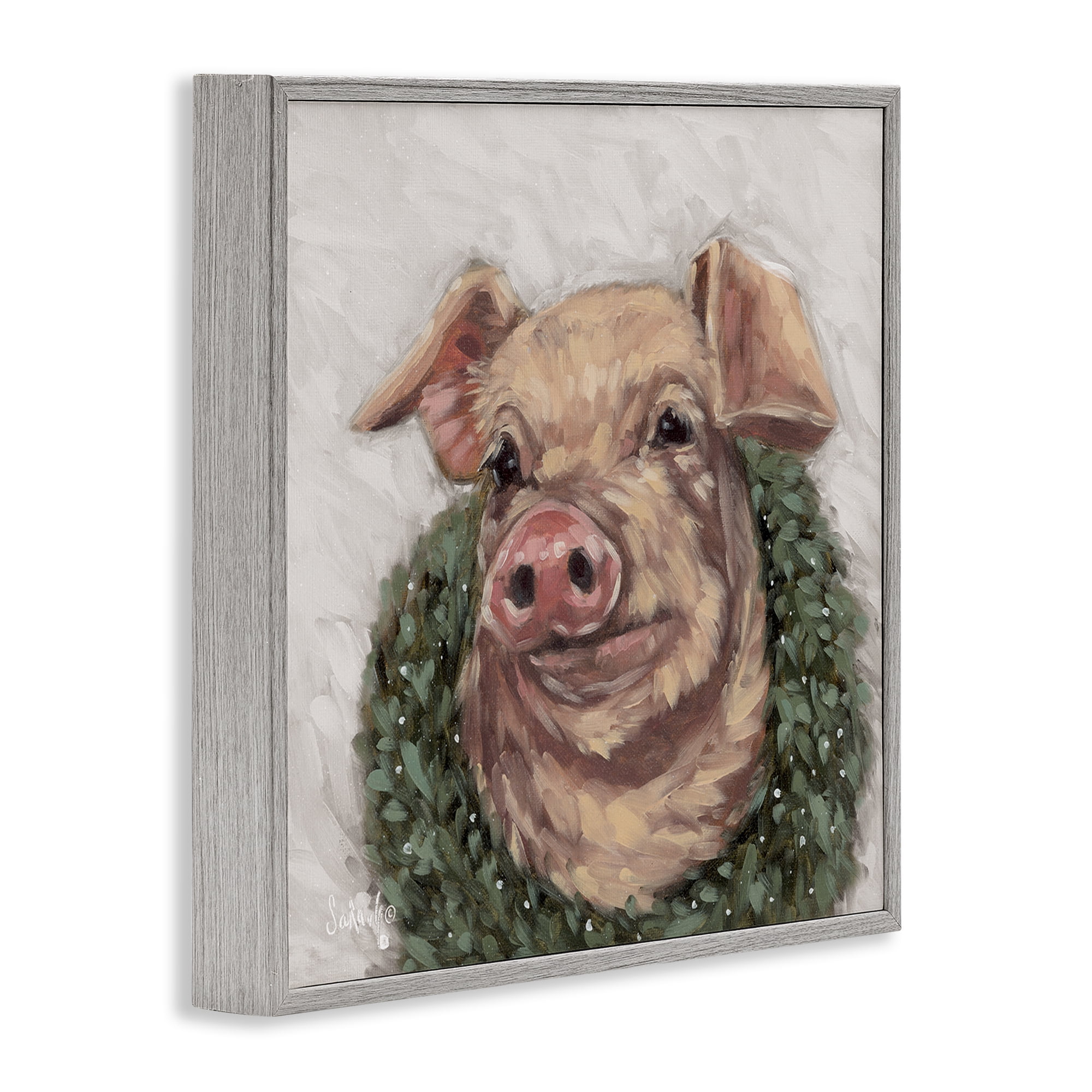 Stupell Industries Pig with Holiday Wreath Holiday Painting Gray Framed Art Prints Wall Art, 12 x 12