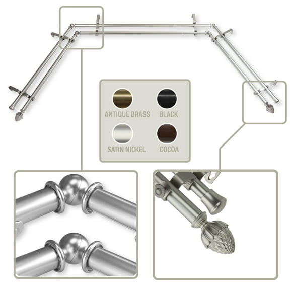 Cupule 13/16 inch Bay Window Double Curtain Rod 20-36", 38-72" - Satin Nickel