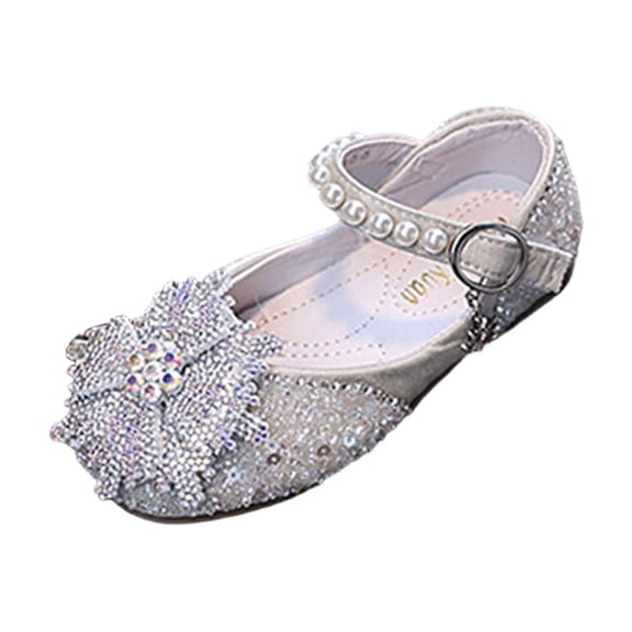 hoksml Girls Sparkly Rhinestone Floral Mary Jane Flats with Pearl Strap, Glitter Princess Dress Shoes for Wedding and Party Wear
