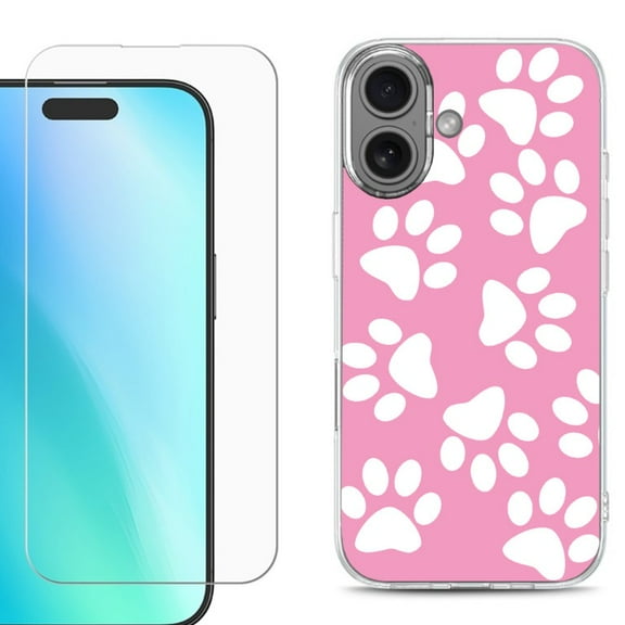 For iPhone 16 Phone Case Cover, Shockproof Case with Tempered Glass Screen Protector, by OneToughShield - Pet Paw/ Pink