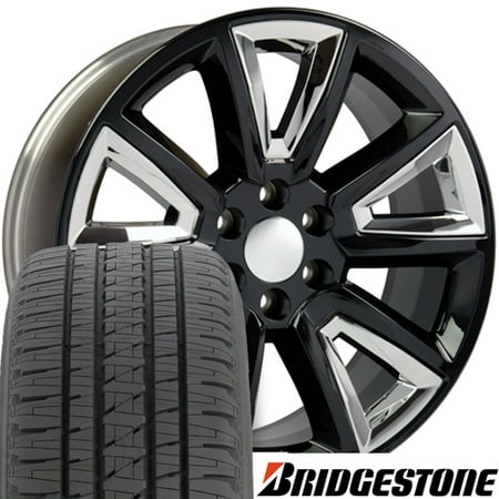 20x8.5 Wheels and Tires Fit GMC Chevy Trucks - Chevy Tahoe Style Black Rim Chrome Inserts w/Bridgestone Tires, Hollander 5696 -