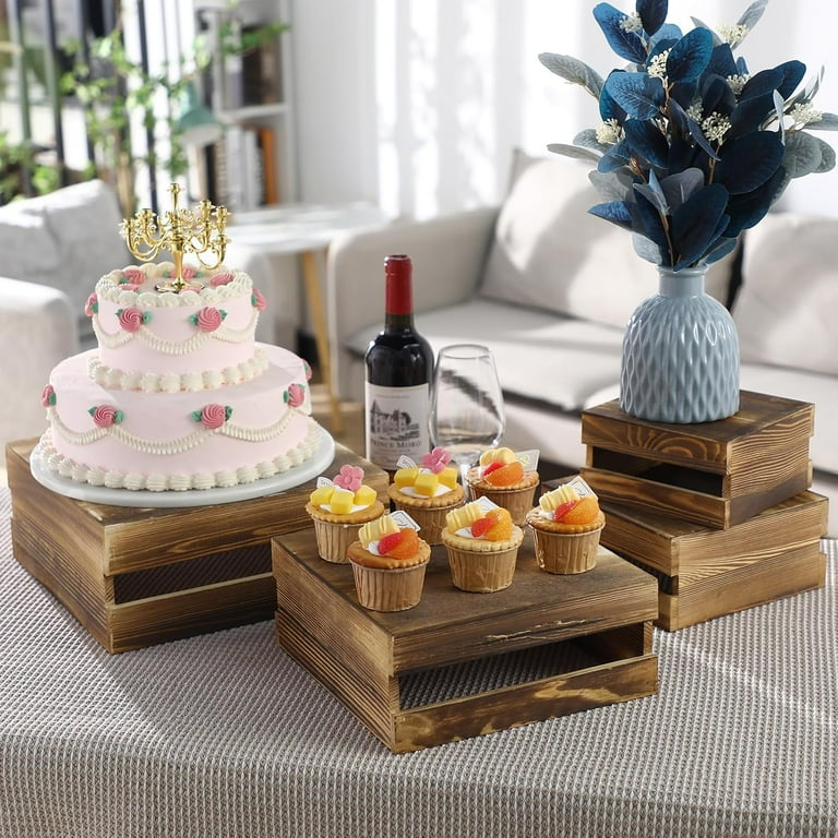 4 Pieces Wood Cupcake Display Stand Decorative Dessert Appetizer Cake Stand Risers Wooden Crate Rustic Cake Stand Risers for Decor Wooden Crate Style Storage Organizer for Party Rustic Dark Brown Walm...