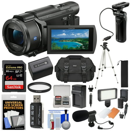 Sony Handycam FDR-AX53 Wi-Fi 4K Ultra HD Video Camera Camcorder + GP-VPT1 Grip + 64GB Card + Tripod + Battery + Charger + LED Light + Mic + Case