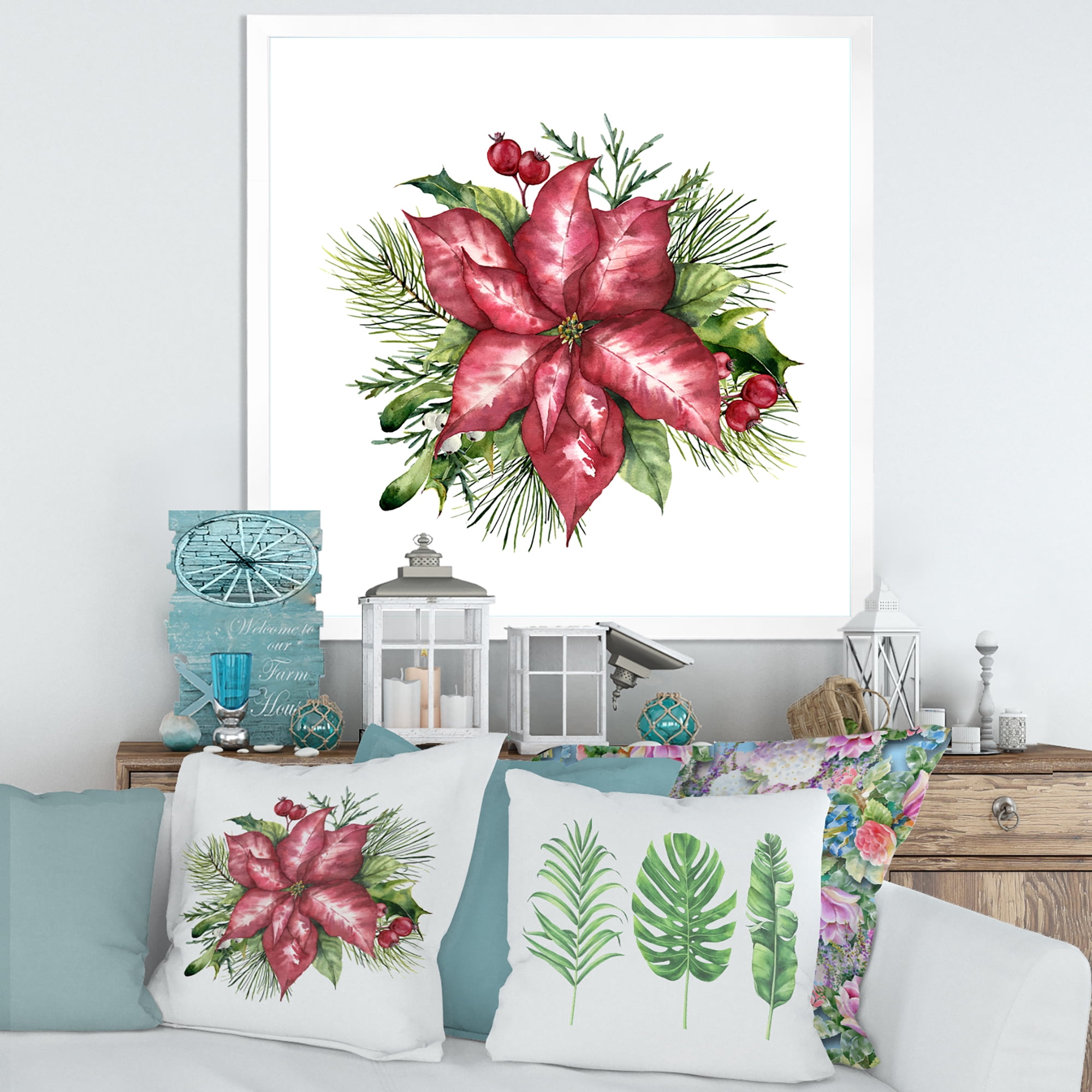 Designart 'Christmas Fir Branch and Holly Mistletoe Berries III' Traditional Framed Art Print
