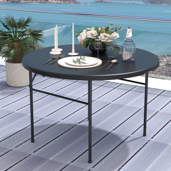 Uforic 48 Inch Round Folding Table Black Plastic with Metal Frame Indoor Outdoor Portable Table for Party Camping BBQ Garden