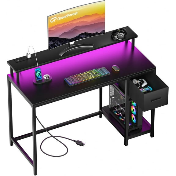 Gaming Desk 39 Inch with LED Lights and Monitor Stand, Computer Desk with Drawer for Small Spaces, Office Desk with Power Outlets and Shelf