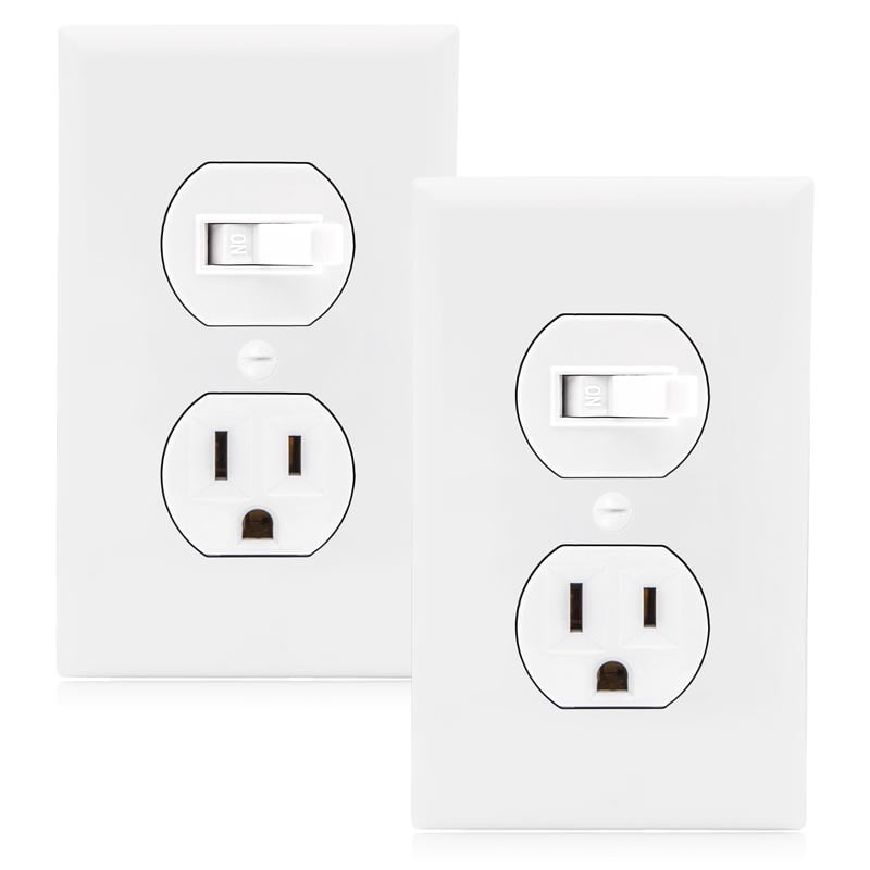 Maxxima Single Pole Combination Toggle Light Switch and Outlet, White, Wall Plates Included (2 Pack)