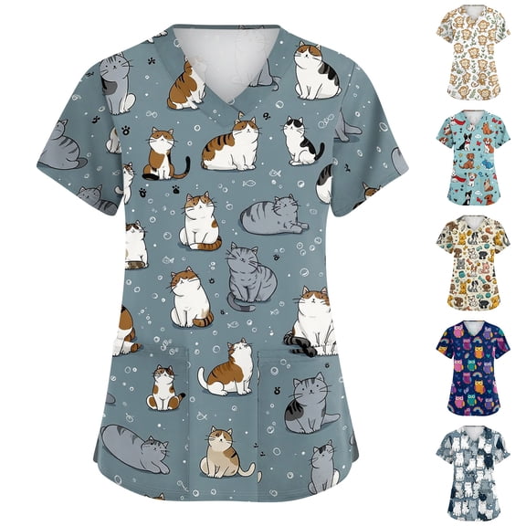 Whimsical Animal Print Scrub Top for Women, V-Neck Short Sleeve Medical Uniform with Pockets - Breathable Vet Nurse Workwear Tunic Blue L