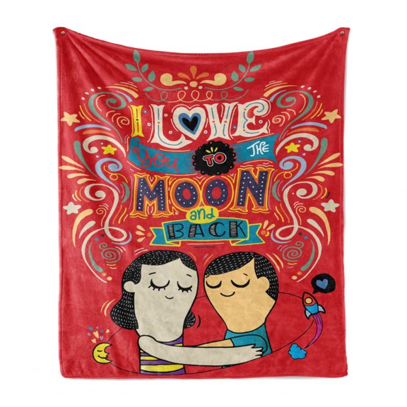 I Love You Soft Flannel Fleece Throw Blanket, Couple Hugging with Oriental Calligraphy Love Words Togetherness Illustration, Cozy Plush for Indoor and Outdoor Use, 50" x 60", Red Blue, by Ambesonne