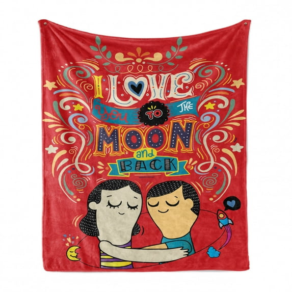 I Love You Soft Flannel Fleece Throw Blanket, Couple Hugging with Oriental Calligraphy Love Words Togetherness Illustration, Cozy Plush for Indoor and Outdoor Use, 70" x 90", Red Blue, by Ambesonne