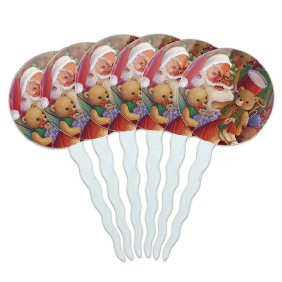 Christmas Holiday Santa Teddy Bears Toys Cupcake Picks Toppers Decoration Set of 6