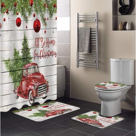 ZHANZZK Christmas 4 Piece Bathroom Set Shower Curtain Bath Rug Contour Mat and Toilet Lid Cover
