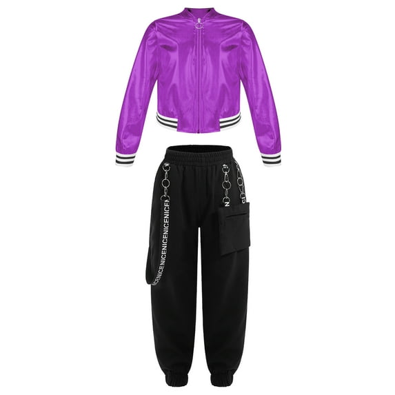 YiZYiF Girls Metallic Long Sleeve Zipper Front Jacket with Chain Pocket Sweatpants for Hip Hop Jazz Dance Performance Purple&Black 16