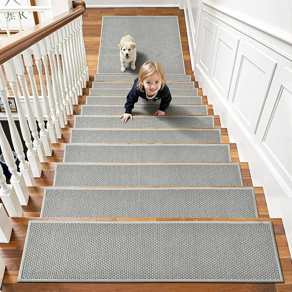 Chenille Stair Treads Non Slip 10pcs Comfortable Stair Runner for Wooden Steps Rubber Backing Stairs Carpet Treads Indoor Staircase Covers Mat with Rubber Backing for Pets Kids 8"X30" Grey