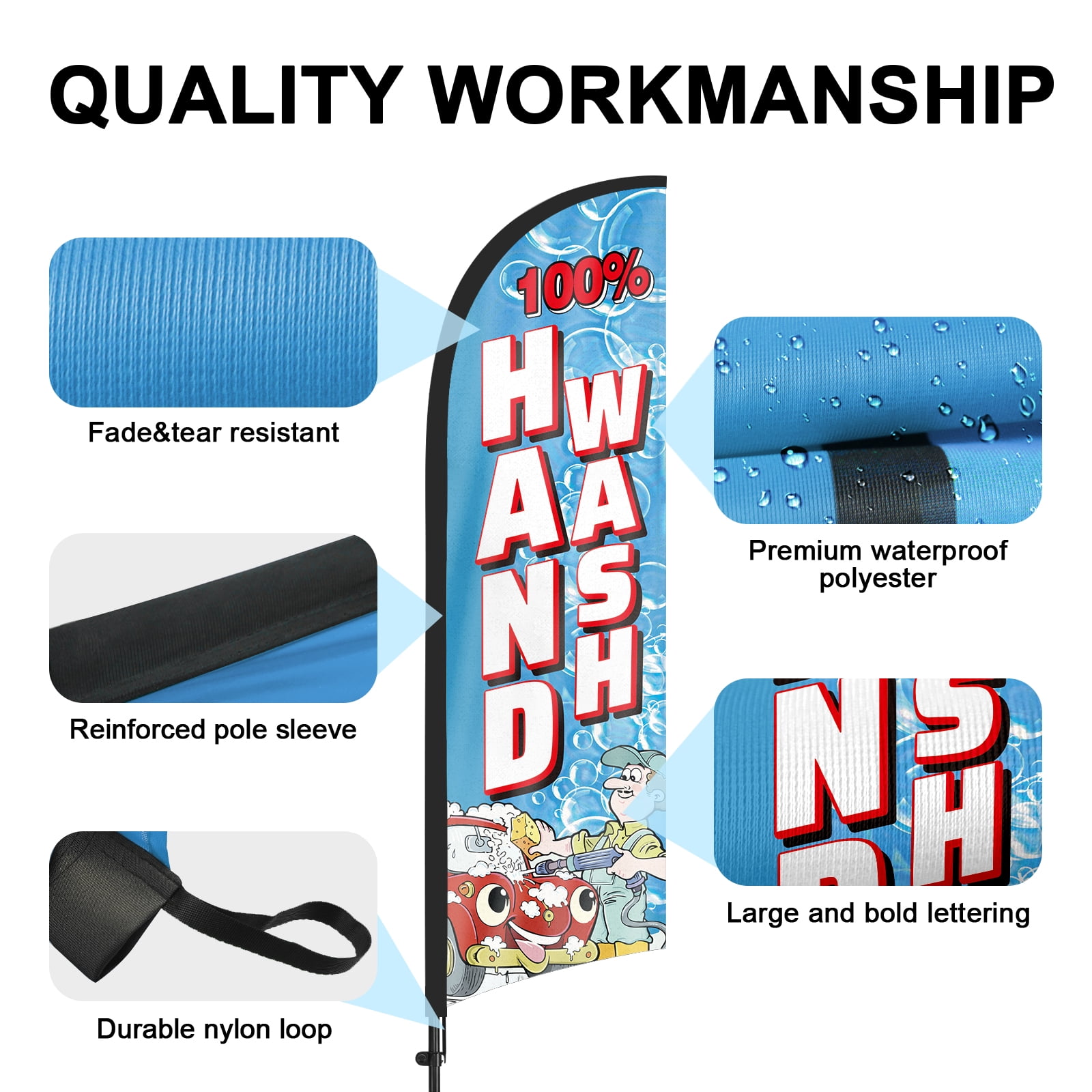 QSUM 100% Hand Car Wash Feather Flag with Flag Pole Kit and Ground Spike, 8.2FT 100% Hand Car Wash Windless Flag Banner Sign Business for Outdoor Advertising Sign Decoration Display