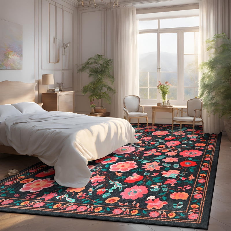 GUUCHA 9'x12'Area Rugs for Living Room Floral Print Rug Floor Carpet for Bedroom,Black/Red