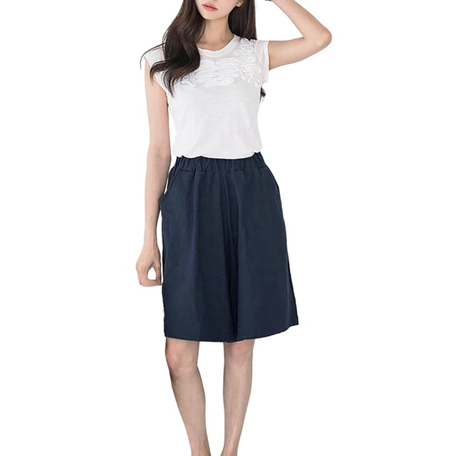 Aayomet Shorts Larges en Lin pour Femmes, Bleu, S