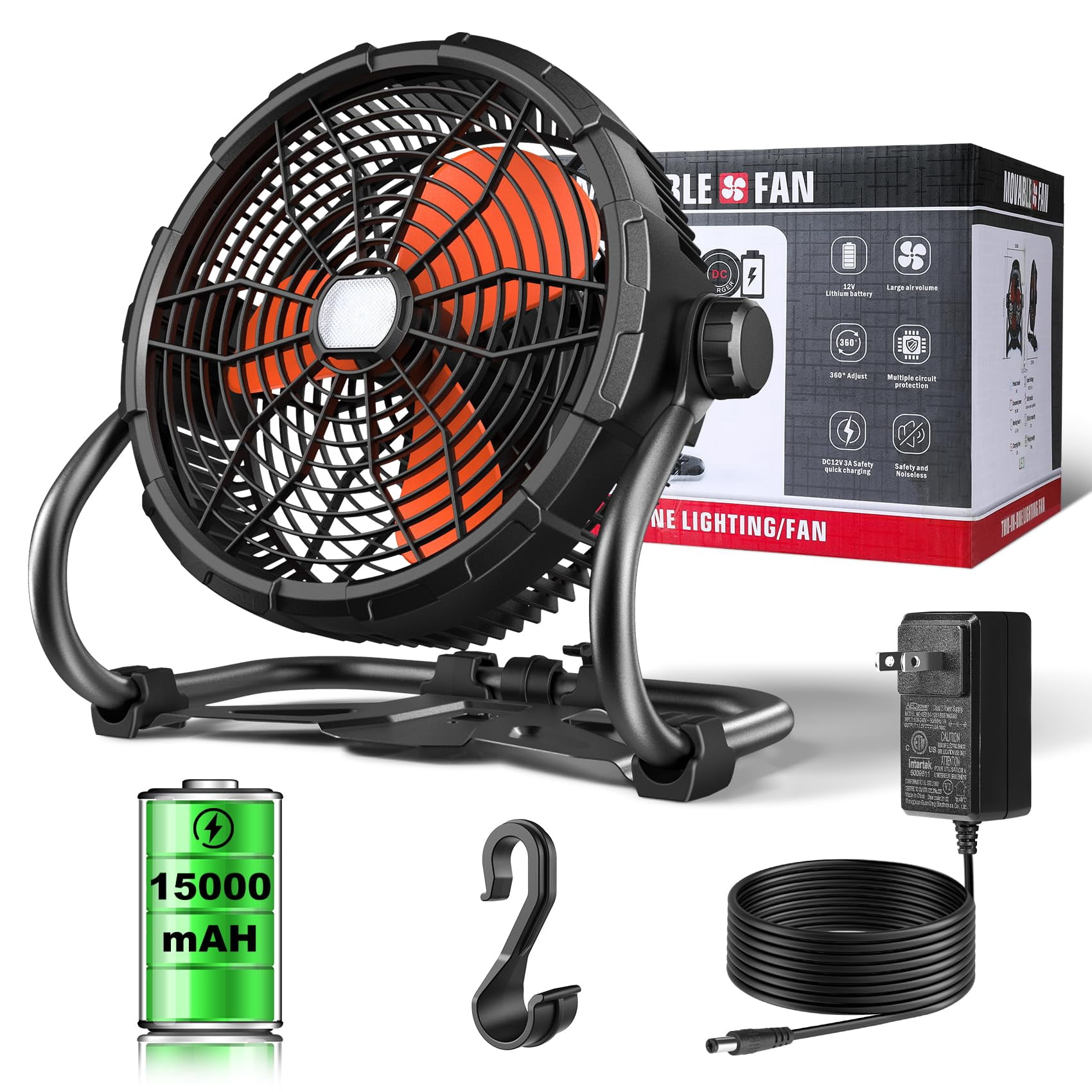 12" High Velocity Floor Fan, Rechargeable Outdoor Indoor Fan with LED Light, 15000 mAH Cordless Portable Battery Operated Fan Run for 4.5-18 Hours, 360 Adjustable Tilt Industrial Camping Fan