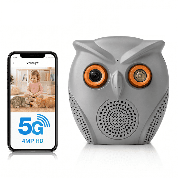 VividEye 2K Owl-Shaped Pet Camera Indoor, Night Vision with 120° Wide Angle, Two-Way Audio Indoor Mini Surveillance Camera with Speaker, Motion Detection Alerts, Dual-Band 5G/2.4G