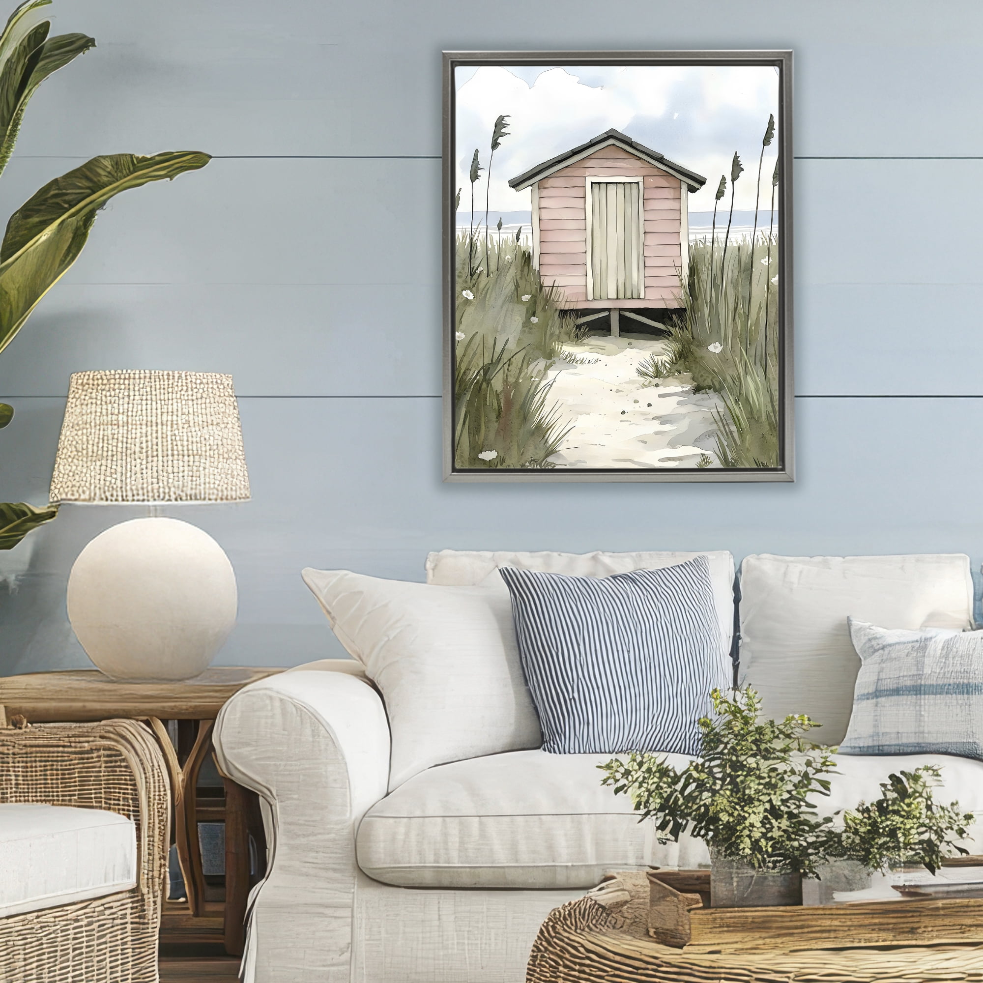 Stupell Industries Coastal Calm Pink Beach Hut Gray Framed Floater Canvas Wall Art, design by Riley B