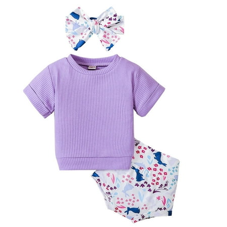 

Baby Girl Cute Short Sleeve Girl Summer Casual Suit Strip T Shirt + Pp Pants + Headdress Three Piece Set