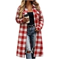 thumbnail image 2 of Otntypg Womens Long Plaid Shacket Jacket Shirt Lightweight Thin Casual Fall Long Sleeve Lapel Button Down Flannel Trench Coats with Pockets, 2 of 9