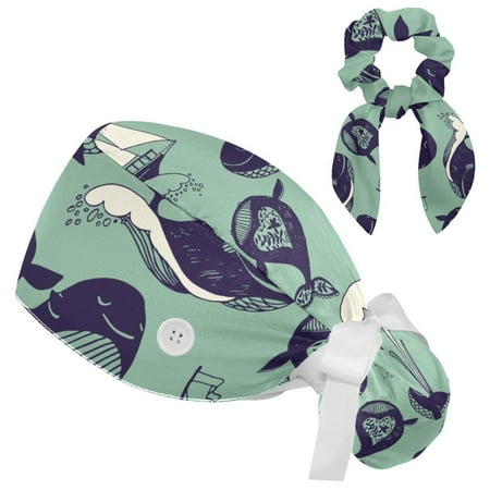 

Working Cap with Buttons and Sweatband Scrub Hat Bouffant Caps with Scrunchie Whale Tie Back Hats