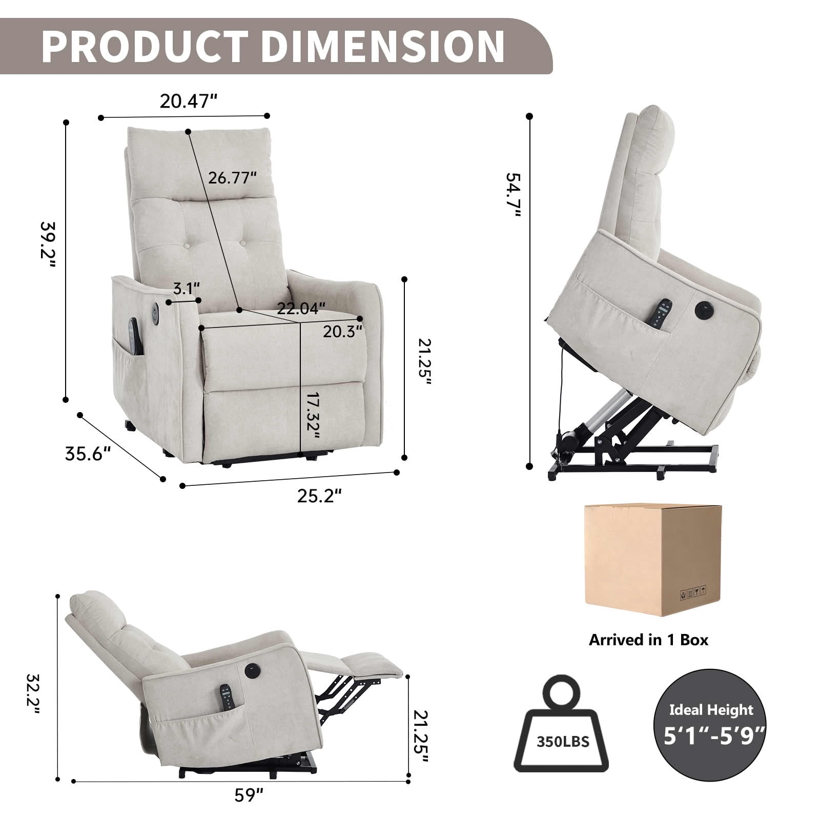 MAYEERTY Beige Chenille Power Lift Recliner Chair, Massage Heat USB Port 25"x36"x39" for Elderly