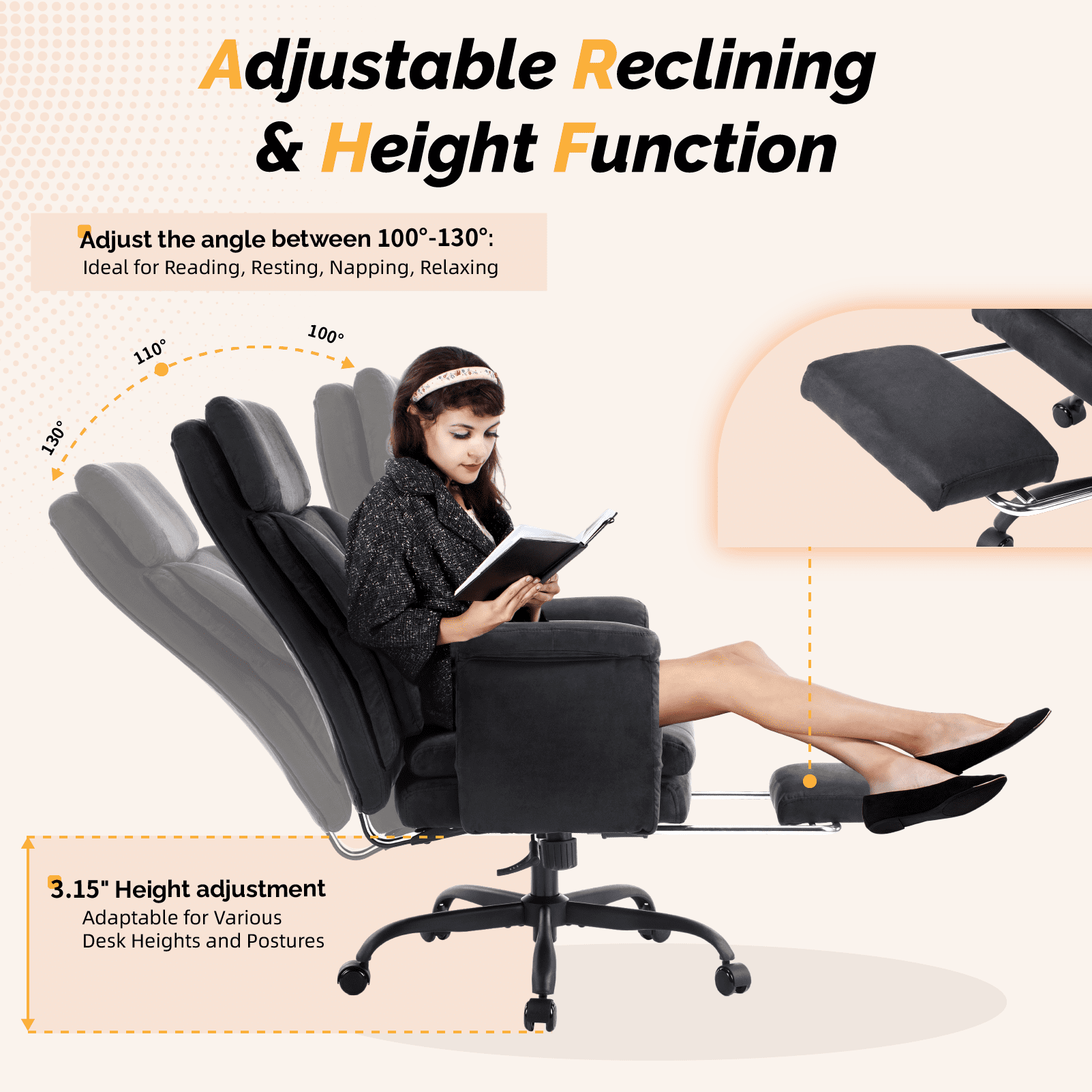 Ktaxon Gaming Chair with Footrest, High Back Faux Suede Office Chair, Adjustable Reclining Desk Chair with Lumbar Support, Swivel Task Seating for Adults Black