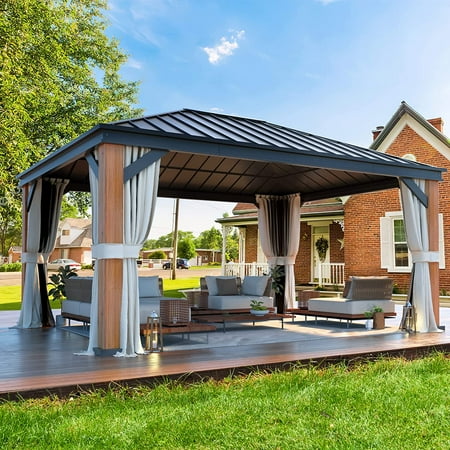 Erinnyees 12'x16' Ultra-Thick Columns and Beams Hardtop Gazebo, Faux Wood Grain Aluminum Frame, Outdoor Patio Gazebo with Galvanized Steel Single Roof