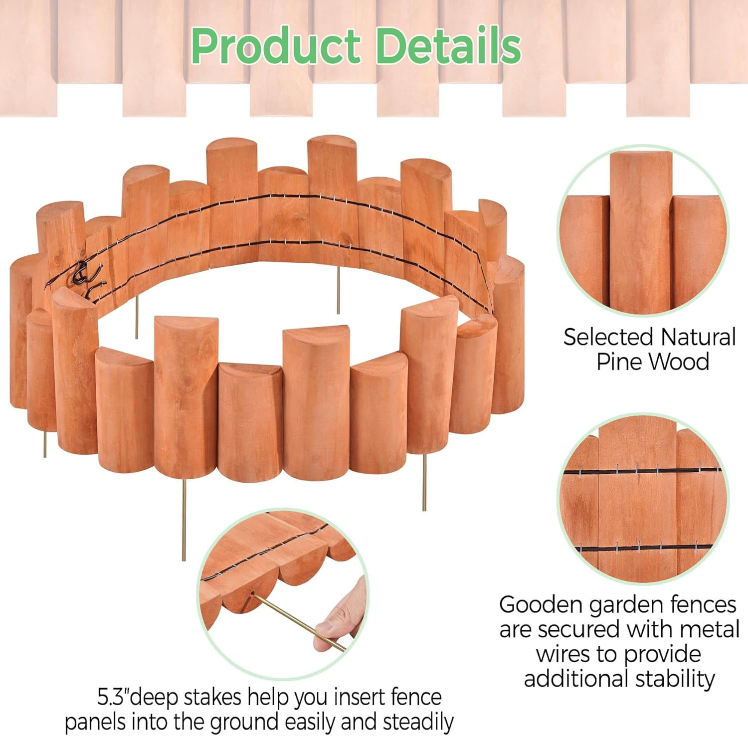 CHTER 2pcs Garden Wooden Short Fence,Outdoor Landscape Edging Flexible Decorative Border, No-Dig Wood Fences for Spring Yard Patio Pathway Lawns Courtyard Maintenance - 66in