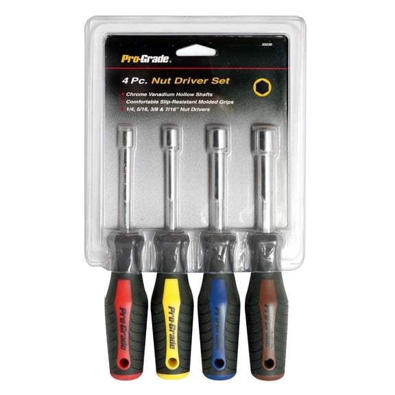 Pro-Grade 4-Piece Nut Driver Set, 1/4, 5/16, 3/8, 7/16in Shafts, Slip-Resistant Handles, 55039