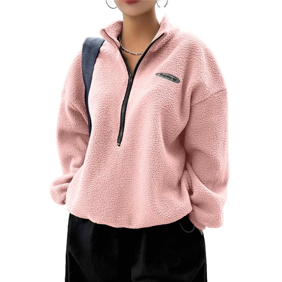 Women's Long Sleeve Half Zip Pullover, Fleece Thermal Sweatshirt with Drawstring Pink S