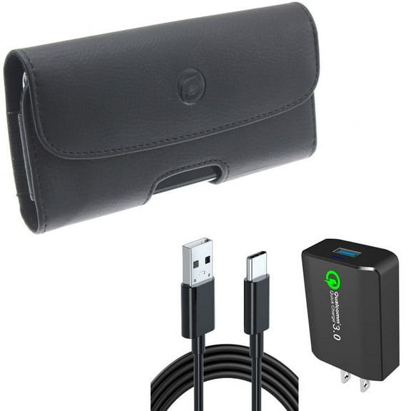 Case Belt Clip & Home Charger for iPhone 15 Pro - Leather Holster Cover Pouch and 18W Fast 6ft USB Cable Type-C Quick Charge G1B for iPhone 15 Pro (6.1")