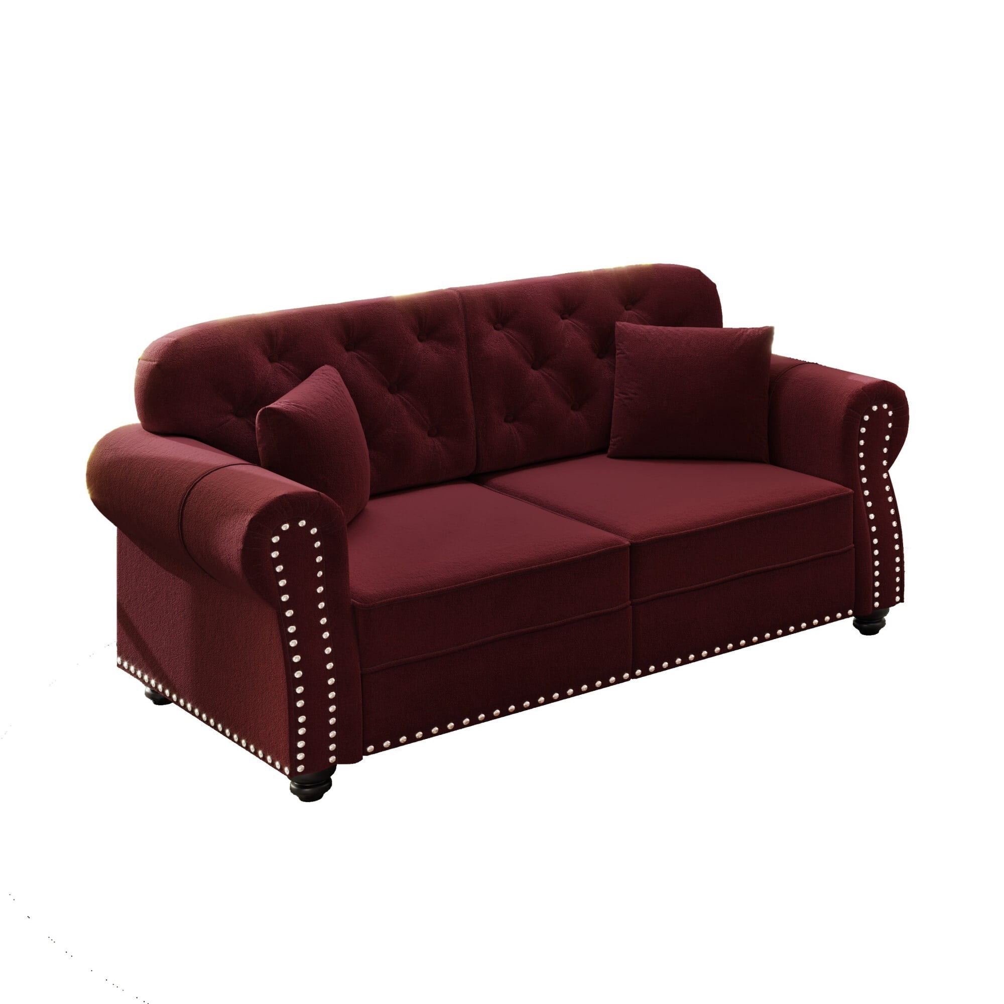AENKYO 63" Chesterfield Velvet Loveseat, Mid-Century Modern 2-Seat Sofa with Nailhead Trim and Tufted Back, Burgundy