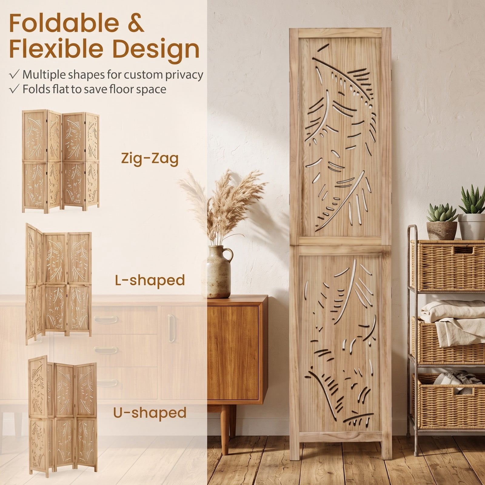 ALPULON 4-Panel Wooden Room Divider Freestanding Folding Privacy Screen with Palm Leaf Design & Paulownia Frame for Home Bedroom Office, Natural