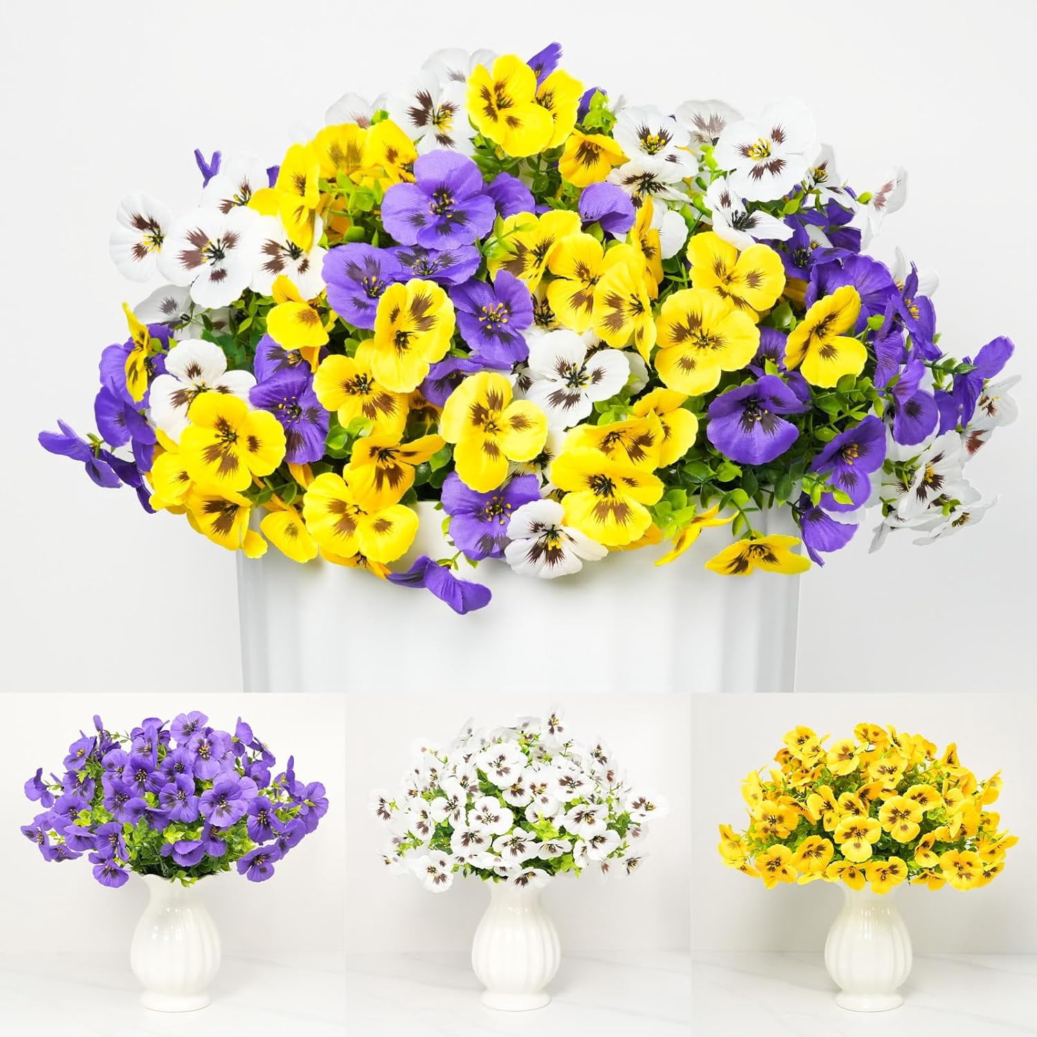 18 Bundles Artificial Pansy Flowers for Outdoor, UV Resistant Fake Flowers, Artificial Plants, Silk Faux Fowers for Outdoor Planters Home Garden Office Patio Front Porch