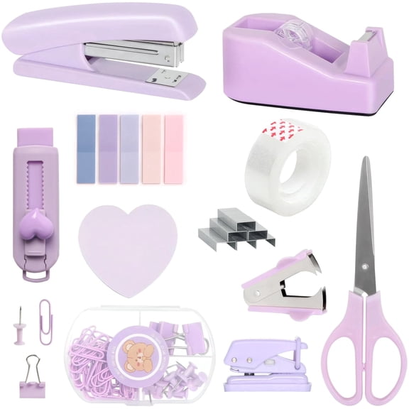 Purple Office Supplies Desk Accessories Set – Includes Stapler, Tape Dispenser, Scissors, Puncher, Paper Clips, Notes & Bear-Shaped Organizer, Complete Purple Decor for Work & Home
