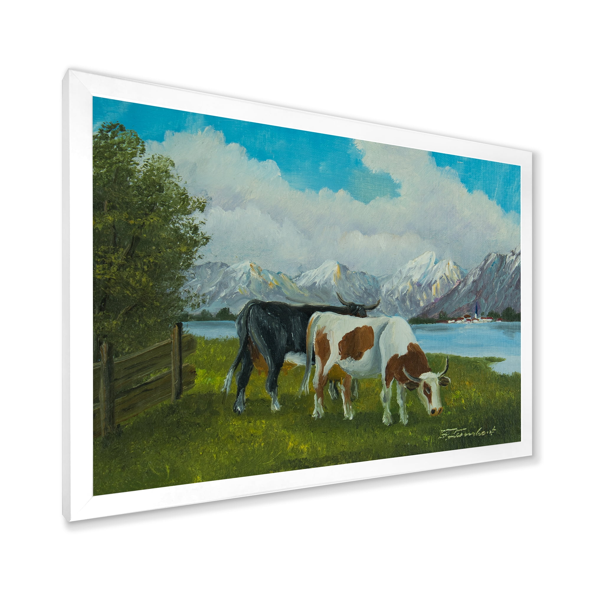 Designart 'Cows Eating Grass In Front Of A Lake' Farmhouse Framed Art Print