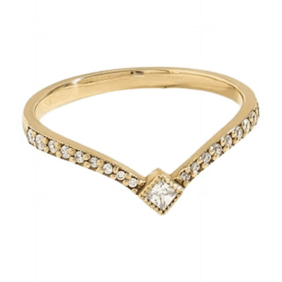 Round Cut Diamond Curved Wedding Ring- V Shaped Ring in 14K Yellow Gold Finish- Dainty Diamond Ring